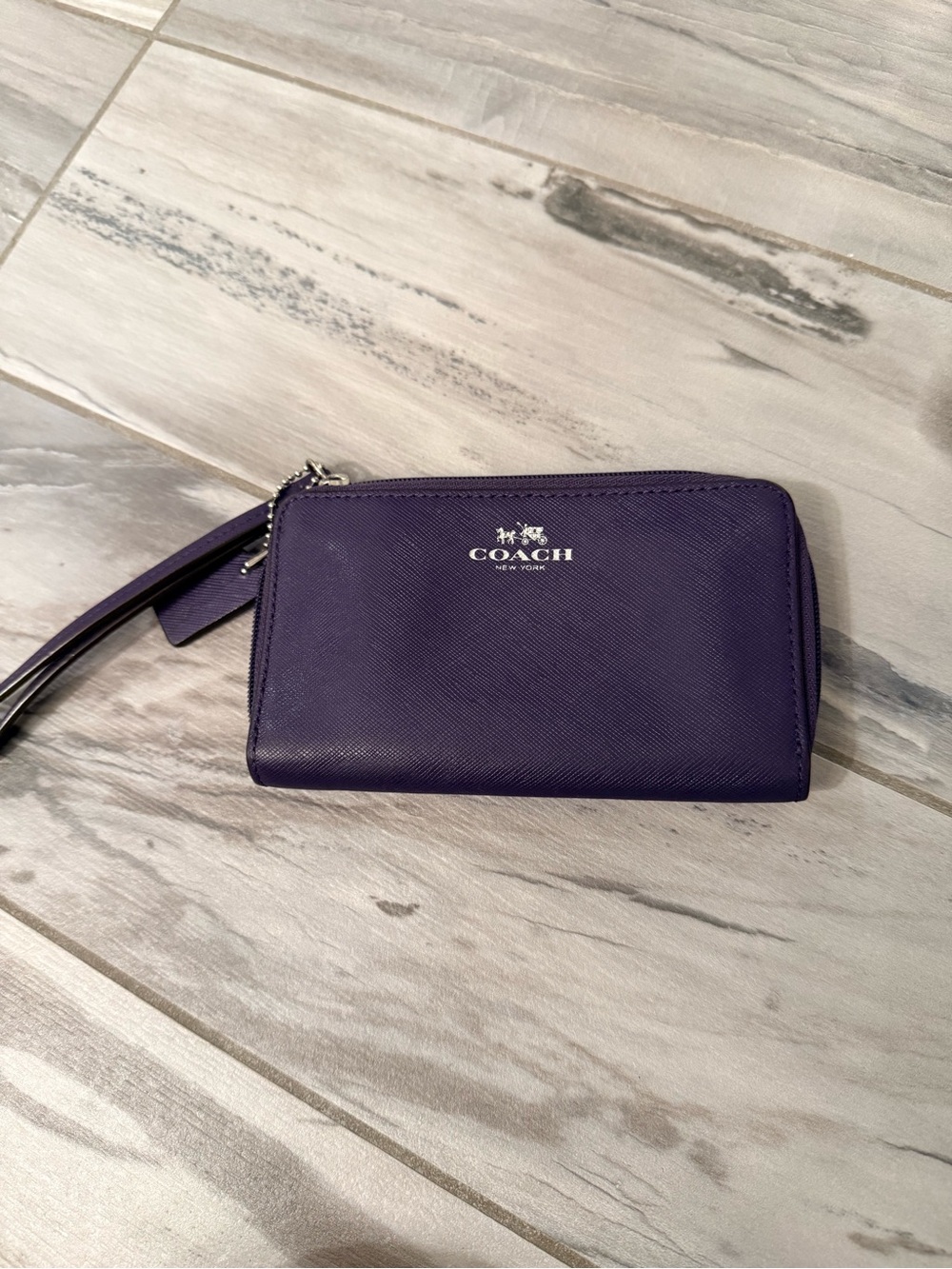 Coach Purple Leather Zip Wristlet with Silver Logo